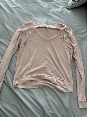 Mudd Lace-Up Shoulder V-Neck Long Sleeve Top - Light Blush